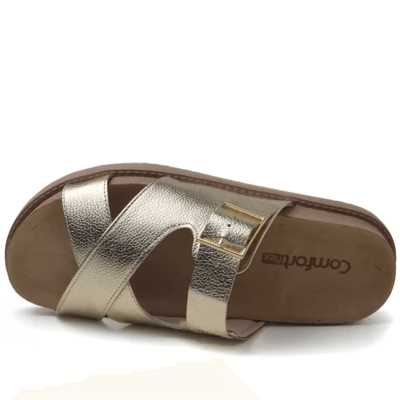 Tamanco-Feminino-Metalizado-Tiras-Fivela-Comfortflex-Dourado