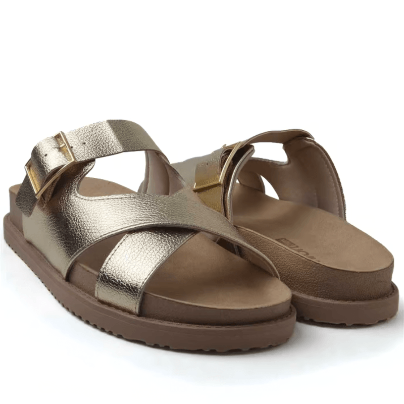 Tamanco-Feminino-Metalizado-Tiras-Fivela-Comfortflex-Dourado