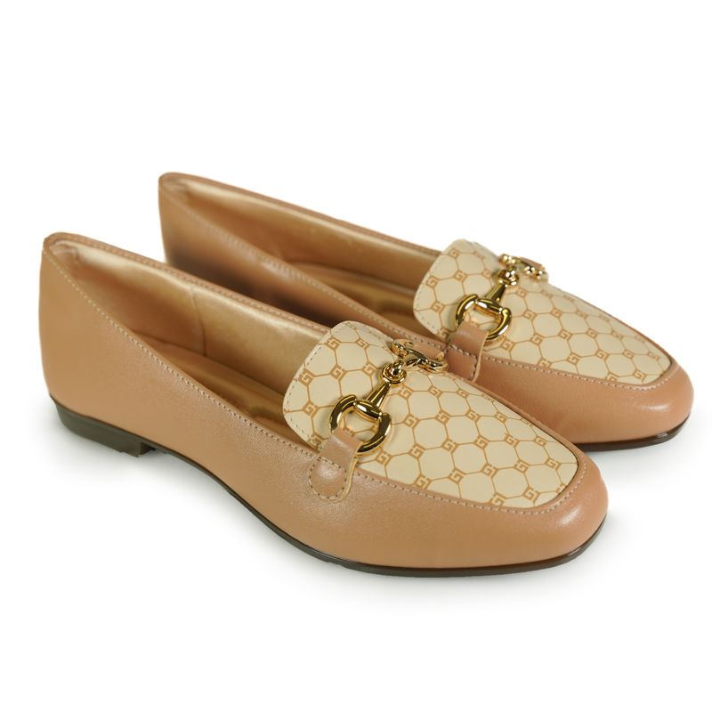 Sapato-Feminino-Mocassim-Logo-Fivela-Light-Gel-Bege